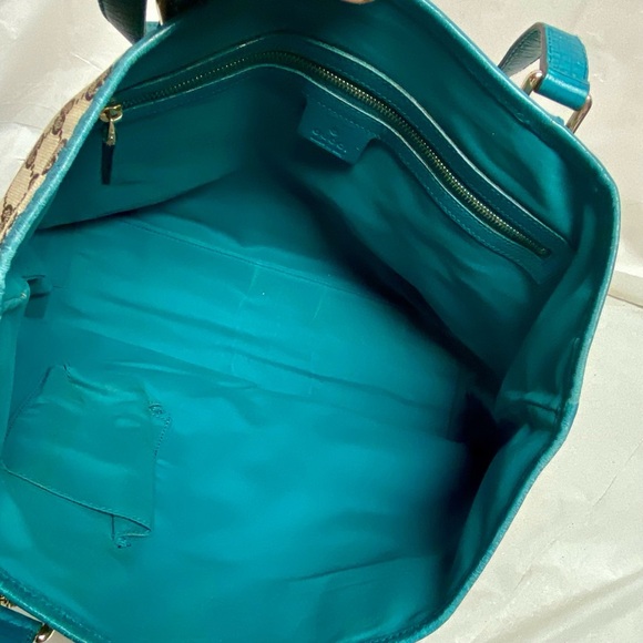 (SOLD) Vintage, Gucci, Rare, GG Coated Canvas with Teal Leather Shoulder Strap - Picture 10 of 12